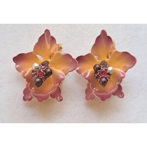 Vintage Joan Rivers Earrings Rhinestone Faux Pearl Enamel Pink Orchid Flower